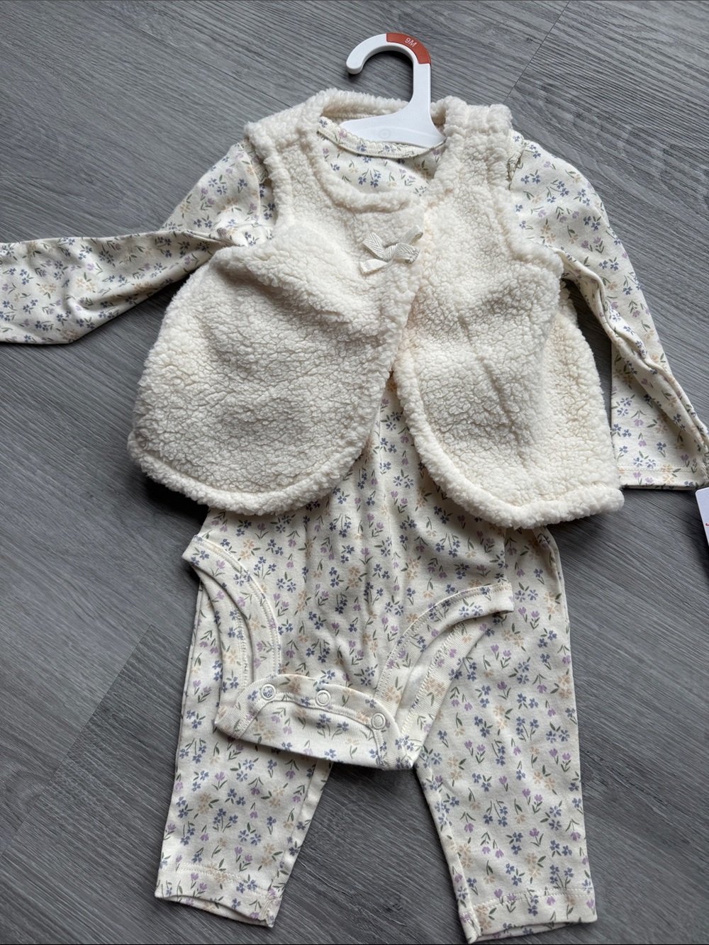 Soft Cream Sherpa Vest & Floral Bodysuit Set for Babies